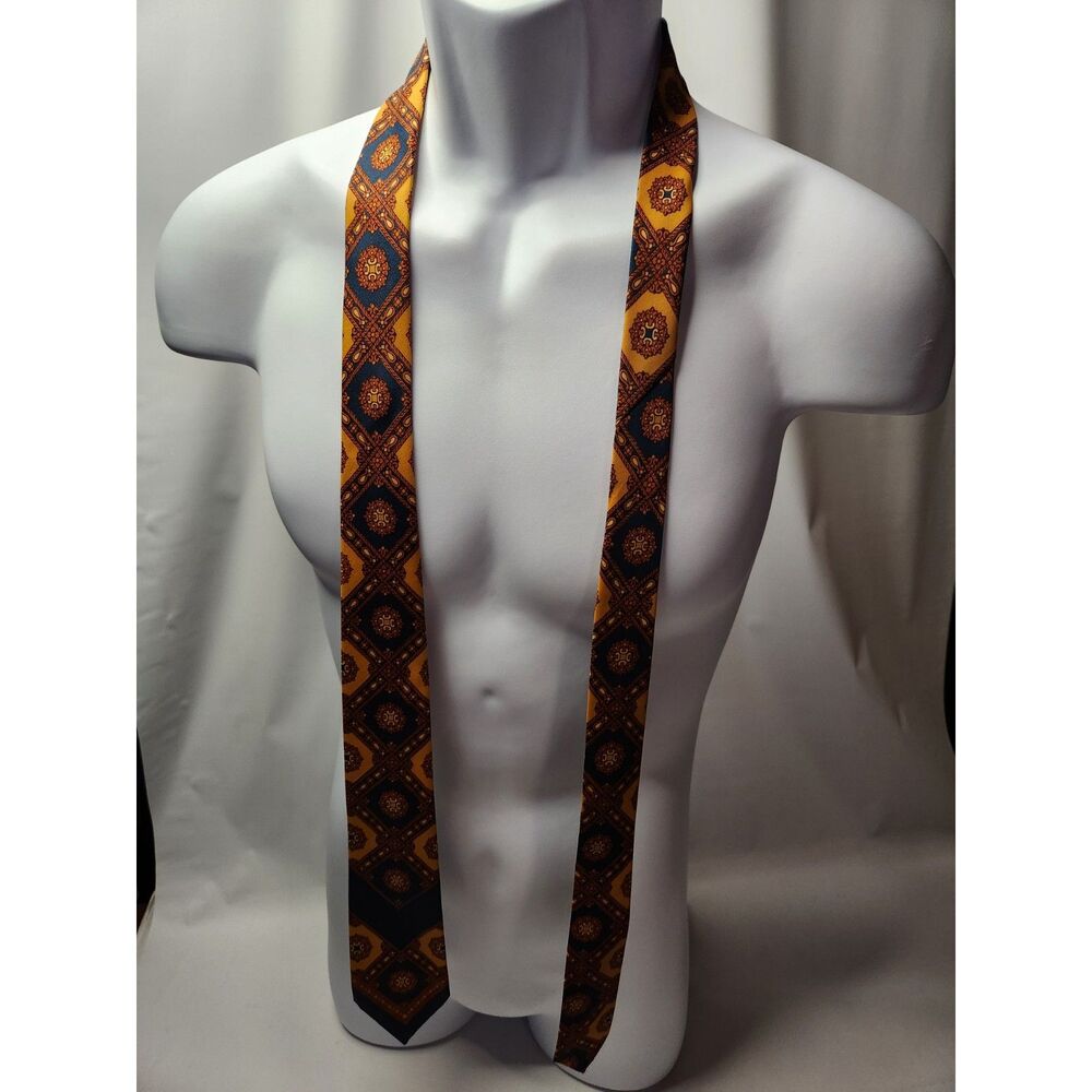Vintage Necktie Gold Navy Brown Retro Pattern